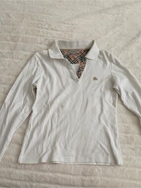 Burberry White Long Sleeve Polo with Classic Check Trim